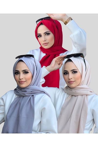 feronis Hijab Γυναικείο Βαμβακερό Σετ Μοντέλο Cazz Shawl 3 τεμαχίων _ Γκρι > Πέτρα > Κόκκινο