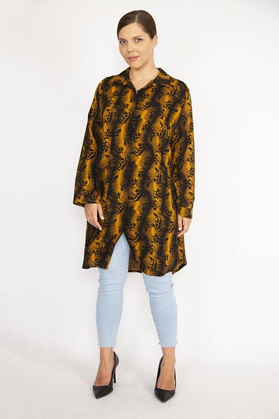 Şans Women's Large Size Saffron Front Button Long Sleeve Shirt 65n36721