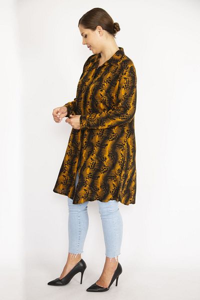 Şans Women's Large Size Saffron Front Button Long Sleeve Shirt 65n36721