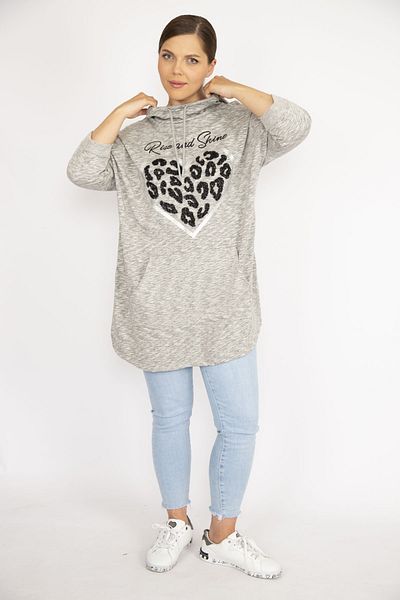 Şans Women's Large Size Gray Sequin Embroidered Kangaroo Pocket Hooded Sweatshirt 65n36726