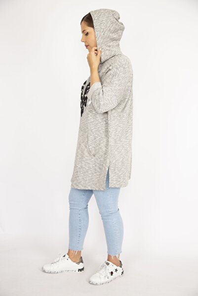 Şans Women's Large Size Gray Sequin Embroidered Kangaroo Pocket Hooded Sweatshirt 65n36726