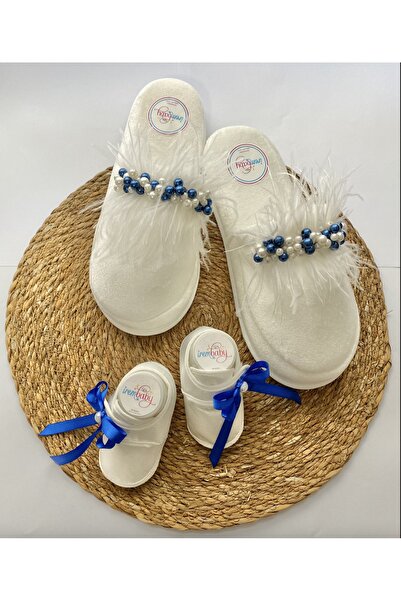 irembaby Anne Bebek Lohusa Seti Mavi İncili Tüylü Lohusa Terliği ve Bebek Aya...