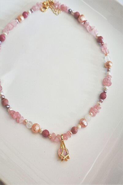 badeaccessories PEMBE KUVARS, KÜLTÜR İNCİLERİ, RODONİT, SELENİT DOĞAL TAŞ KOLYE