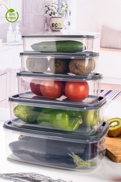 ECO KİTCHEN 5-Piece Rectangular Food Storage Container Anthracite Bpa Free Domestic Production Hard Plastic