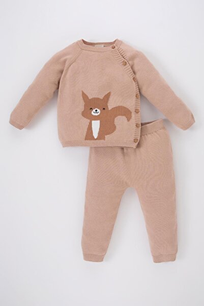 DeFacto Kız Bebek Tilki Desenli Kazak Alt Pamuklu Triko 2'li Takım