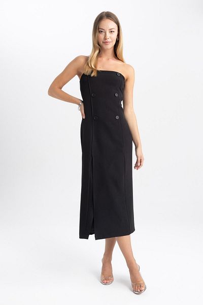 DeFacto Trägerloses Basic-Midikleid mit geradem Schlitz in Schwarz B1997ax23au