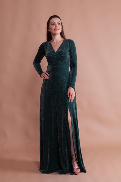 Bidoluelbise Glitter Strechy ύφασμα με διπλό στήθος γιακά με σκίσιμο μακρυμάνικο Maxi φόρεμα αποφοίτησης & βραδινό