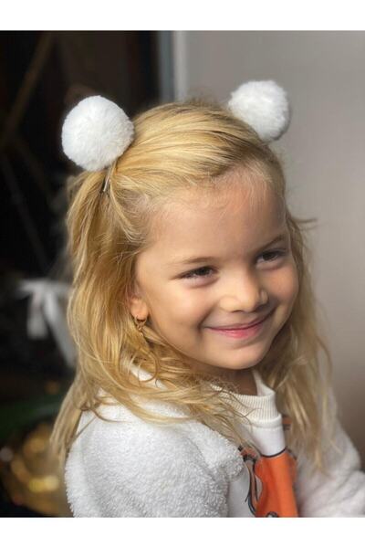 QUEEN AKSESUAR Set cu catarame cu pompon mare alb cu blană de pluș