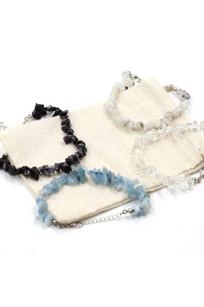 MYTAKIAĞACIMFH Aquamarine Stone-Moon Stone-Crystal Quartz-Obsidian Stone Natural Stone Broken Stone Bracelet Set of 4 Chain Extension