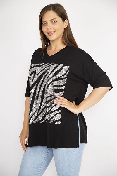 Şans Women's Plus Size Black Sequin Embroidered Bicycle Collar Side Slit Blouse 65n36701