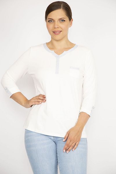 Şans Women's Large Size White Glitter Detailed Kiss Collar Capri Sleeve Blouse 65n36738
