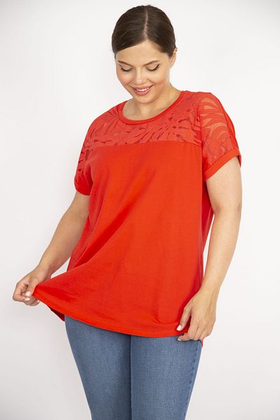 Şans Women's Large Size Pomegranate Cotton Fabric Robe Tulle Applique Long Blouse 65n36625