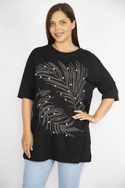 Şans Women's Plus Size Black Jewelled and Pearl Embroidered Bicycle Collar Side Slit Blouse 65n36698