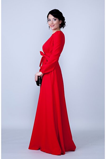 Bidoluelbise Round Neck Long Sleeve Woven Fabric Drawstring Waist Belted Pocket Maxi Length Invitation & Evening Dress