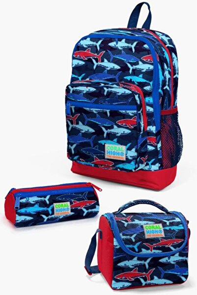 Coral High طقم حقائب مدرسية مكونة من 3 قطع بتصميم سمكة قرش باللون الأزرق الدا...
