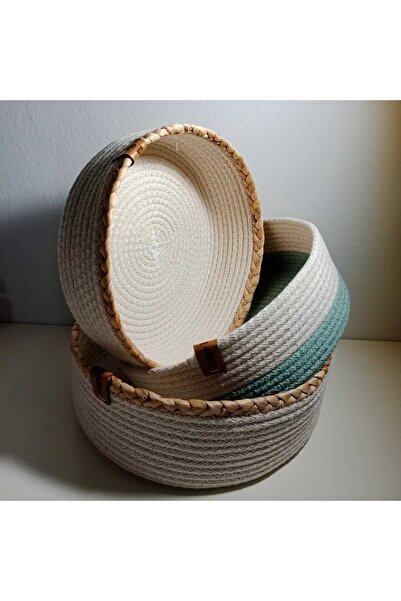 3'lü Sepet Seti (2 Hasır Detaylı Sepet+1 Mint Yeşili ve Ekru Sepet) ( Çapı:25cm Yükseklik:10cm)