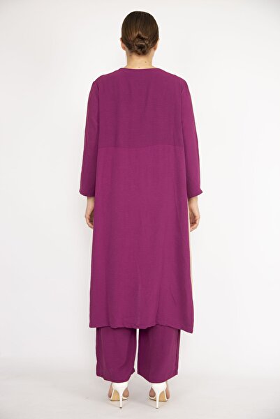 Şans Women's Plus Size Plum Cardigan Inner Blouse and Trousers Three Pieces Set 65n36731