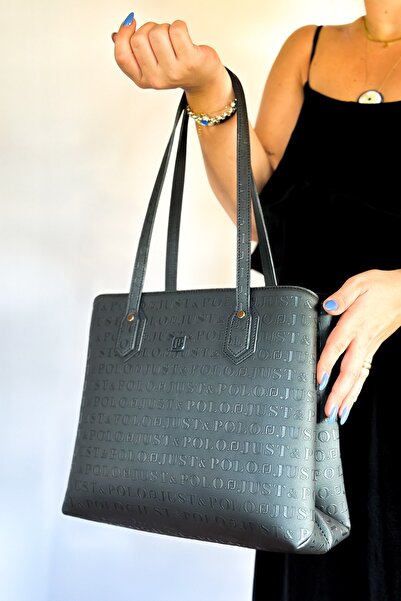 Just Polo 2 حجرة، 5 حجرة منقوشة مطبوعة كبيرة الحجم حقيبة كتف نسائية 4028 أسود