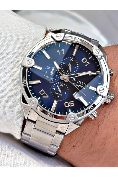 Ferrucci Silver Color Colored Glass Functions Active Steel Strap Men's Wristwatch + BRACELET WITH GIFT