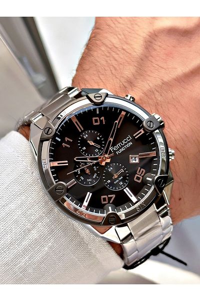 Ferrucci Silver Color Colored Glass Functions Active Steel Strap Men's Wristwatch + BRACELET WITH GIFT