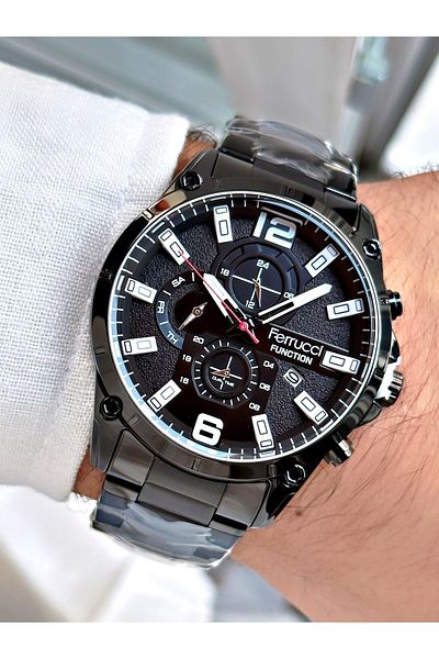 Ferrucci Black Silver Color Functions Active Sports Steel Strap Men's Wristwatch + BRACELET WITH GIFT