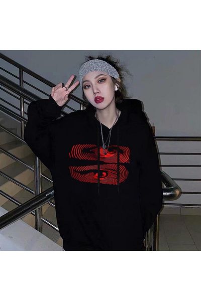 Touz Moda dompuleri fashion Hypnosis Eyes Printed Μαύρο Unisex Oversize φούτερ με κουκούλα