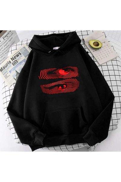 Touz Moda dompuleri fashion Hypnosis Eyes Printed Μαύρο Unisex Oversize φούτερ με κουκούλα