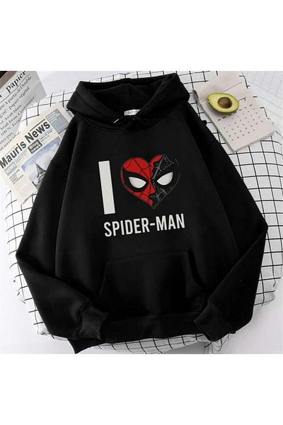 Touz Moda dompuleri fashion I Love Spider-Man με στάμπα μαύρο φούτερ με κουκούλα Unisex