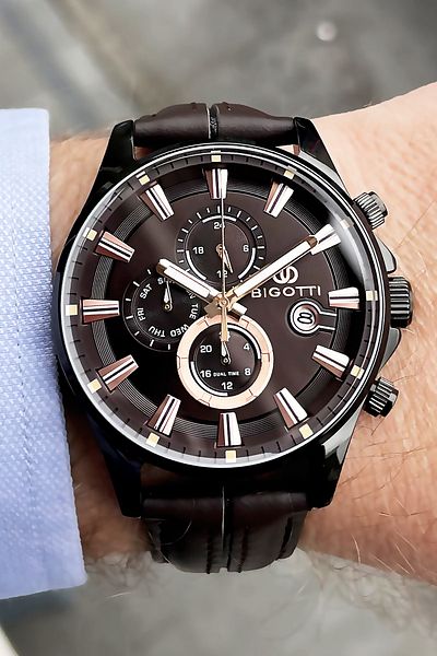 Bigotti Real Leather Men's Wristwatch 5 ATM Waterproof Brown + Bracelet BME2007C3