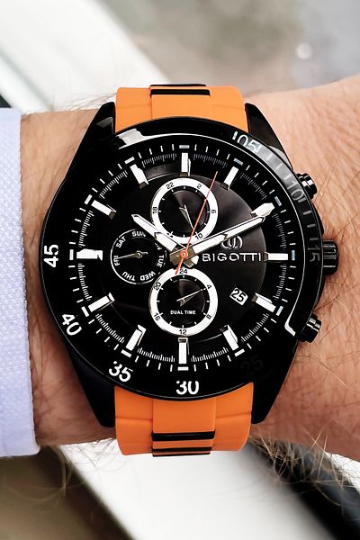 Bigotti Silicone Band Original Men's Wristwatch 5 ATM Waterproof Orange Color + Bracelet BME2008C2