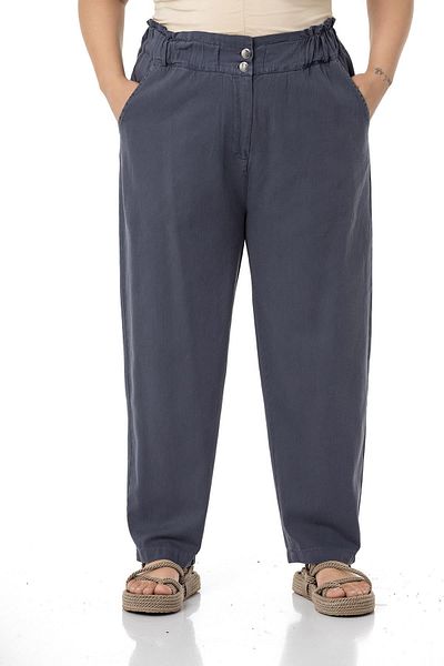 DISENTIS MODEST Plus Size High Waisted Gabardine Anthracite Trousers with Ruffle Detail on the Waist