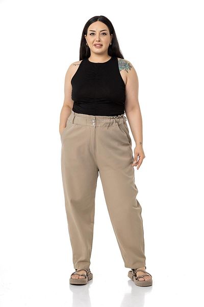 DISENTIS MODEST Plus Size High Waisted Gabardine Mink Trousers with Ruffle Detail on the Waist