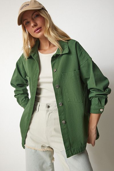 Happiness İstanbul Khakifarbene Hemdjacke aus Gabardine-Leinen für Damen DD01255