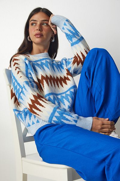Happiness İstanbul Pulover de damă din tricot cu model albastru bv00107