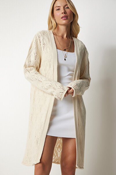 Happiness İstanbul Γυναικεία κρεμ κυρτή μακριά πλεκτή ζακέτα MX00136