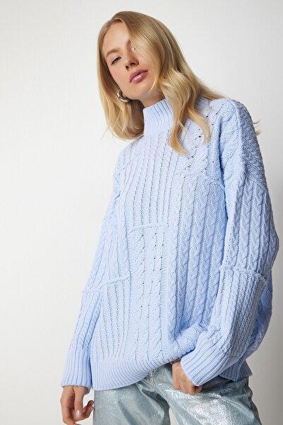 Happiness İstanbul Pulover tricot pentru femei, albastru deschis, cu guler ridicat, tricot MX00132