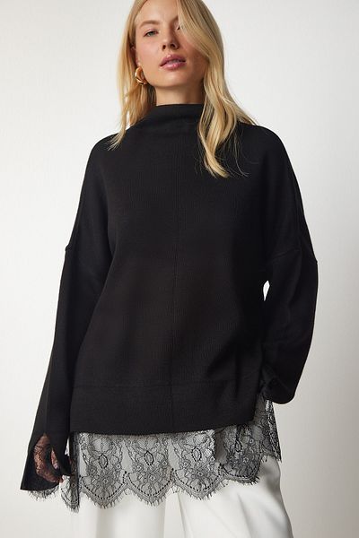 Happiness İstanbul Woman's Black Lace Detailed Knit Sweater YY00165