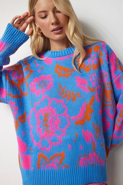 Happiness İstanbul Pulover de damă din tricot cu model Sky Blue PF00002