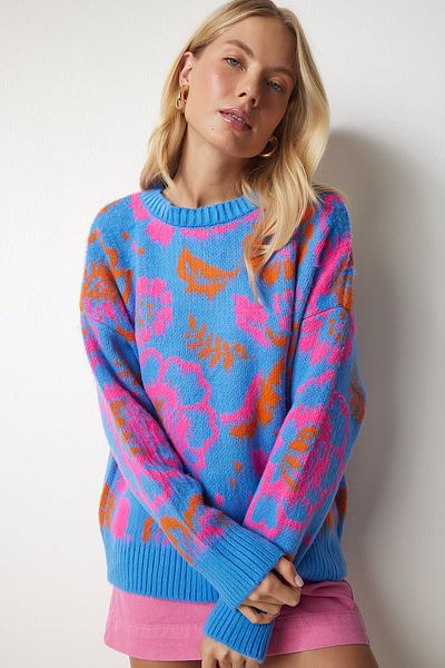 Happiness İstanbul Pulover de damă din tricot cu model Sky Blue PF00002