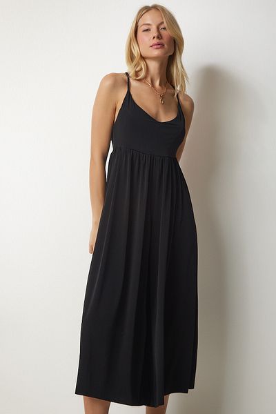 Happiness İstanbul Women's Black Strappy Back Detailed Flowing Sandy Jumpsuit TO00082
