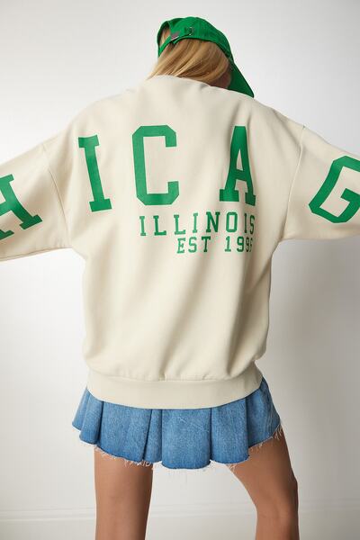 Happiness İstanbul Γυναικείο φούτερ με κρεμ στάμπα υπερμεγέθης HF00440