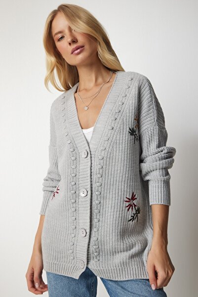 Happiness İstanbul Women's Gray Floral Embroidered Textured Knitwear Cardigan KG00002