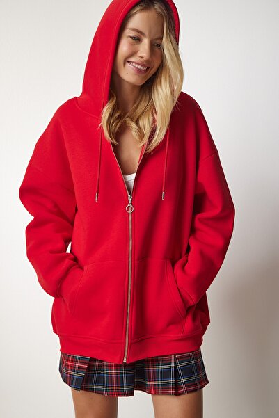 Happiness İstanbul Dámská červená oversize mikina na zip s kapucí UB00124