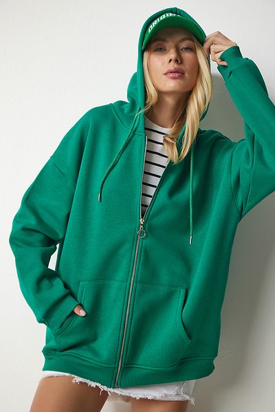 Happiness İstanbul Grünes Oversize-Sweatshirt mit Kapuze und Reißverschluss für Damen UB00124