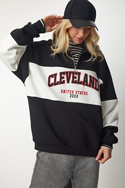 Happiness İstanbul Dámská černobílá oversize mikina s blokovým potiskem HF00439