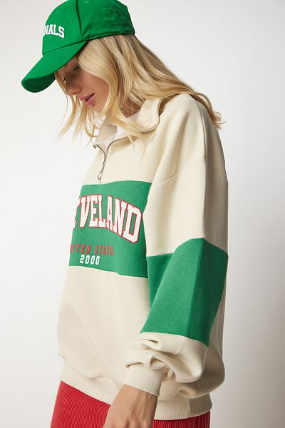 Happiness İstanbul Cremegrünes Oversize-Sweatshirt mit Farbblock-Print für Damen HF00439
