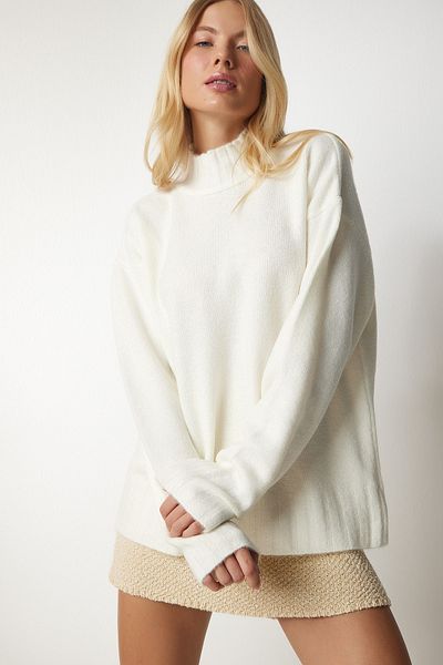 Happiness İstanbul Weicher Strickpullover mit Knochen-Stehkragen für Damen KI00095