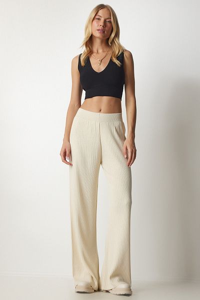 Happiness İstanbul Women's Cream Ribbed Knitwear Trousers Kİ00096