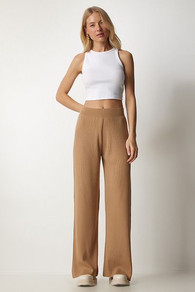 Happiness İstanbul Women's Biscuit Ribbed Knitwear Trousers Kİ00096