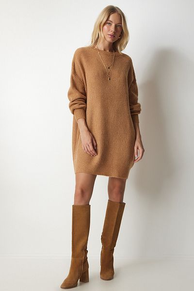 Happiness İstanbul Damen-Sweatshirt „Biscuit“ in Übergröße, lang, Basic-Strick, BV00099